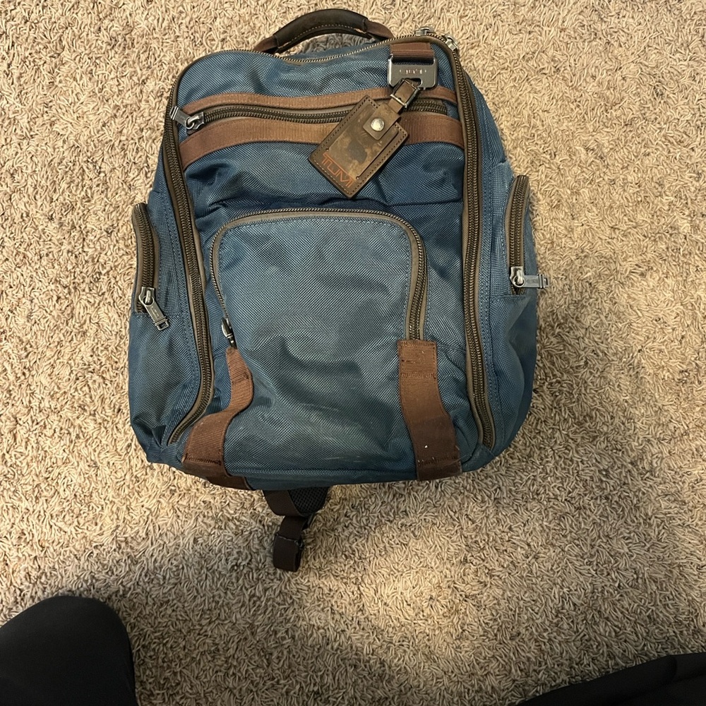 Tumi Blue and Brown Ballistic Nylon Backpack with Leather Accents - Picture 14 of 14